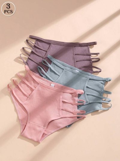 3-Pack Ribbed Strappy Side Panties for Women – Soft Stretch Bikini Briefs – Shein Style Trendy Underwear Set