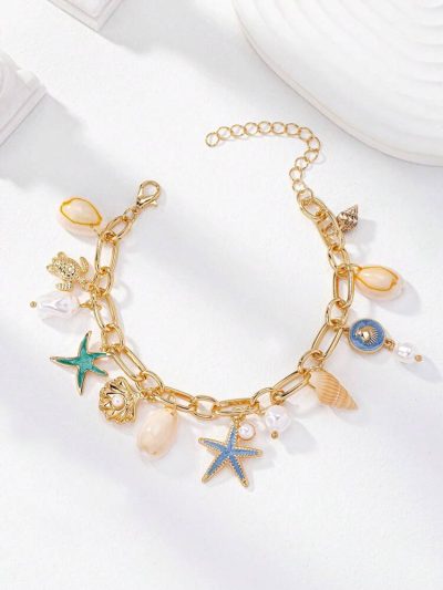 Women Ocean Charm Bracelet – Gold Starfish Shell Charm Chain Bracelet