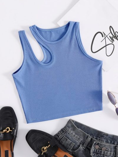 Women’s Sky Blue Ribbed Asymmetrical Tank Top – Sleeveless Cutout Summer Crop Top