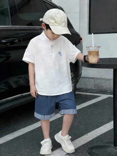 Boys White Embroidered T-Shirt & Denim Shorts Set – Casual Summer 2 Piece Outfit – Soft Comfortable Kids Matching Set