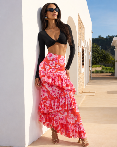 SHEIN Women Red Floral Ruffle Maxi Skirt