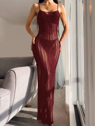 Women Sparkling Sheer Maxi Dress – Glitter Mesh Bodycon Dress