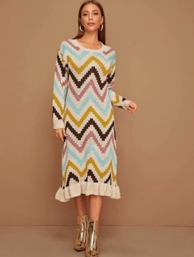 Multicolor Chevron Knit Midi Dress – Long Sleeve Ruffle Hem Sweater Dress for Women