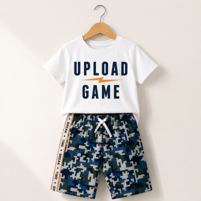 Boys White Upload Game T-Shirt & Camo Shorts Set – 2 Piece Casual Kids Outfit, Fast Delivery in 5 Days
