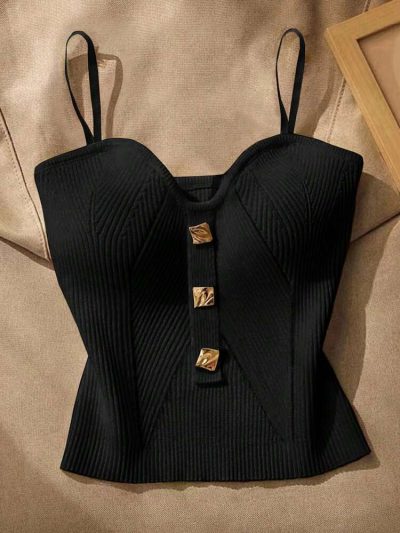 Ribbed Corset Style Cami Top with Gold Button Detail – Black