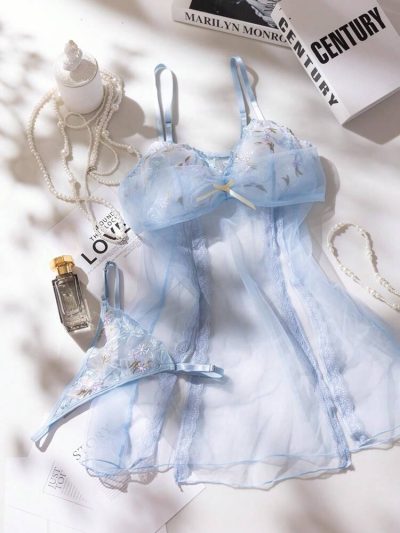 Women Embroidered Mesh Babydoll Lingerie Set – Sheer Nightwear with Matching Thong