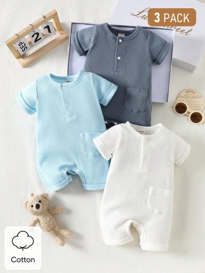 Baby 3-Pack Ribbed Short Sleeve Rompers – Soft Cotton Snap Button Pocket Playsuit Set