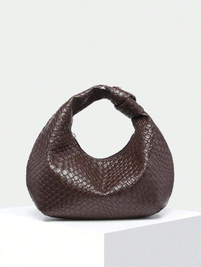 Women's Woven Hobo Shoulder Bag – Dark Brown Faux Leather – Slouchy Soft Handbag – Knotted Handle