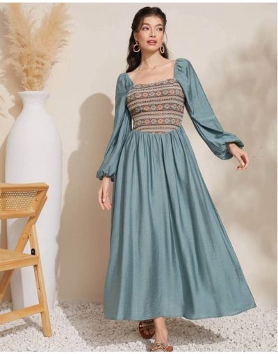 Blue Puff Sleeve Boho Maxi Dress with Embroidered Bodice