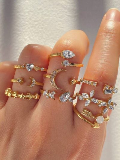 Gold Crystal Ring Set for Women – Moon Star Heart Adjustable Rings Set