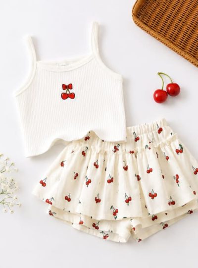 Girls White Cherry Print Top and Skort Set with Red Bow Detail, 6–9 Months