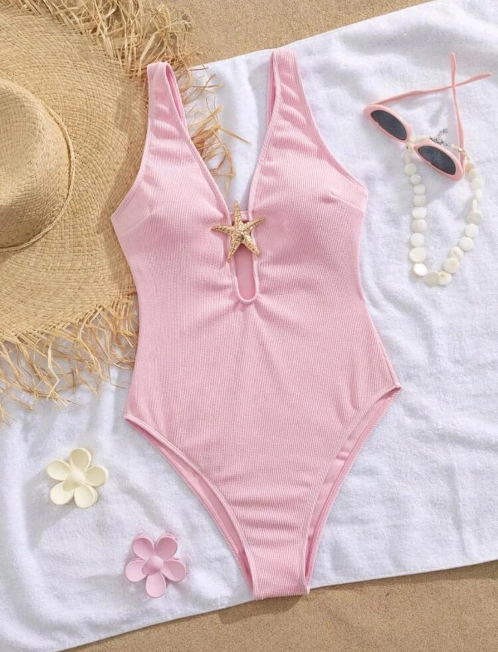 One-Piece Summer Wear – Ribbed Pink Fabric with Starfish