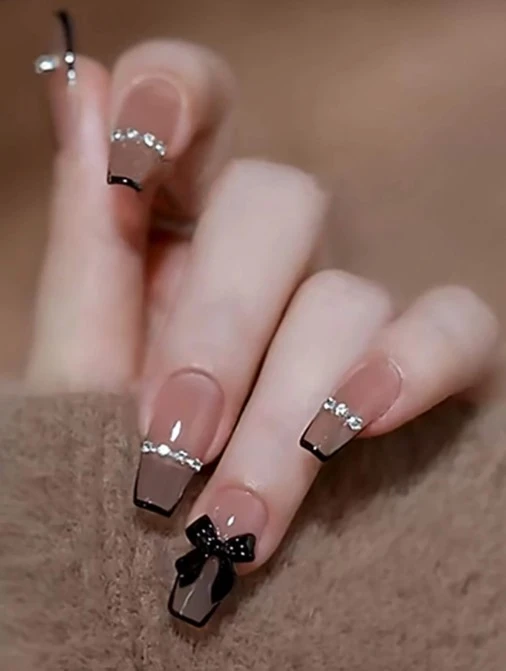 24-Piece Press-On Nails – Rectangular Design with Black French Tip, Bow & Rhines