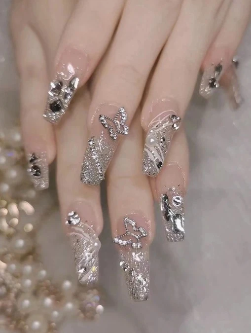 24-Piece Press-On Nails – Long Coffin Design with Glitter & Elegant Rhinestones
