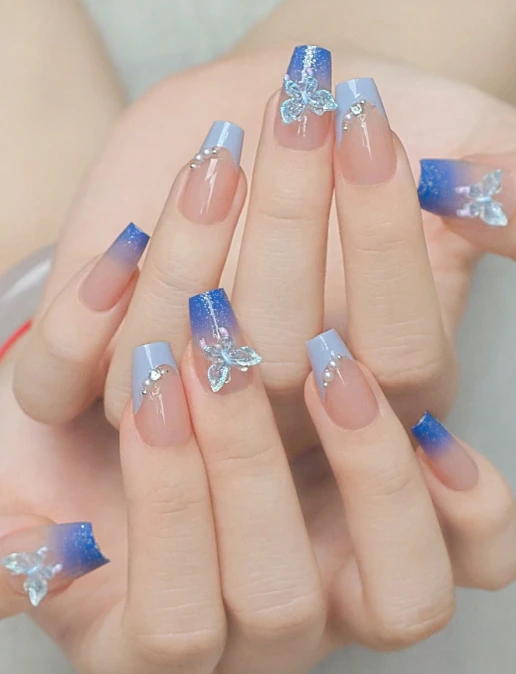 24PCS Blue French Press-On Nails – 3D Butterfly Design – Square Shape – Glitter 
