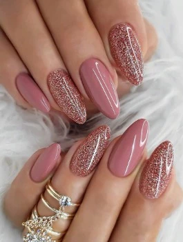 24pcs Press-On Nails Set – Glossy Pink & Rose Glitter – Long Almond Shape