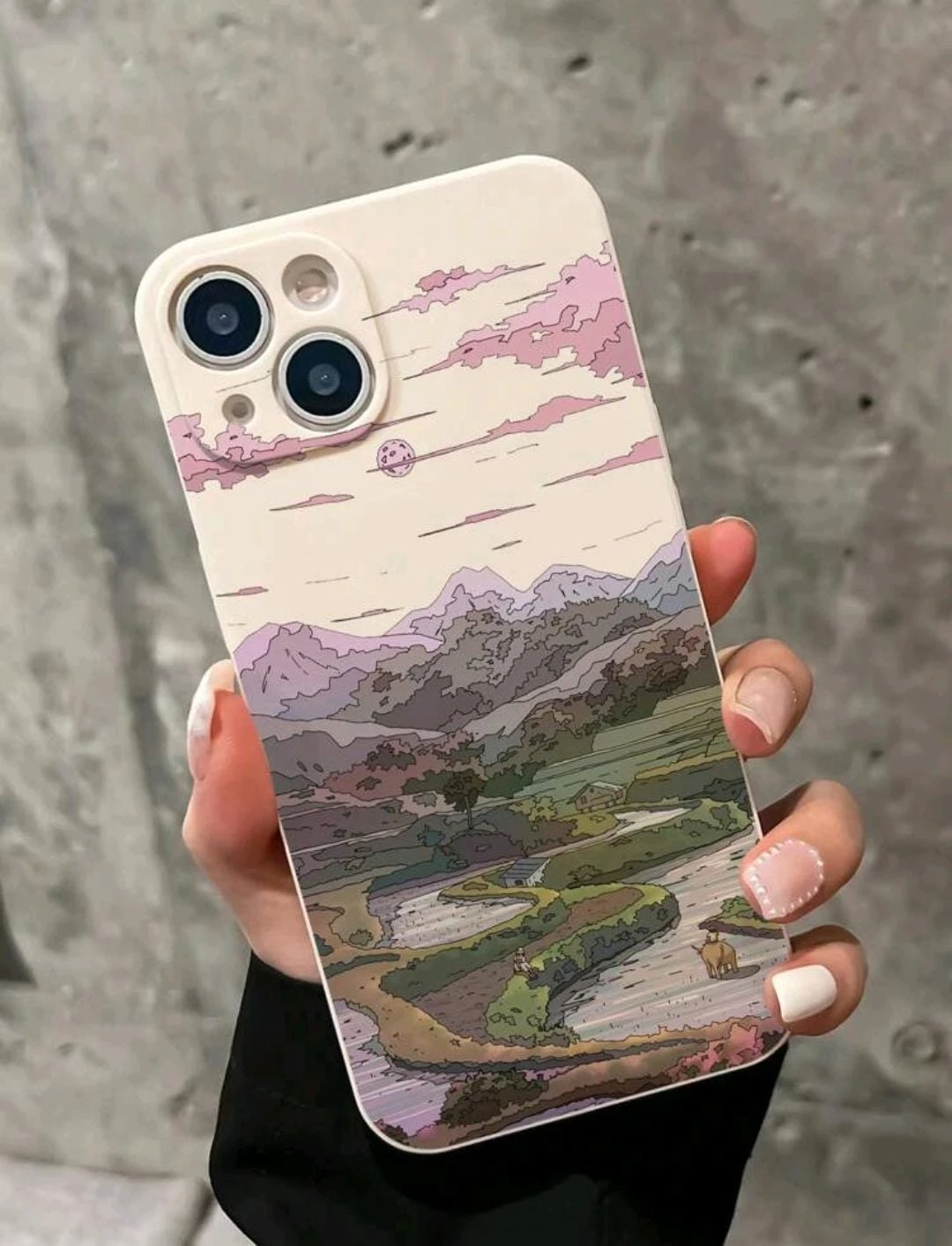 Phone Case – Cartoon Nature Scene with Mountains & Fields – Matte Soft Finish