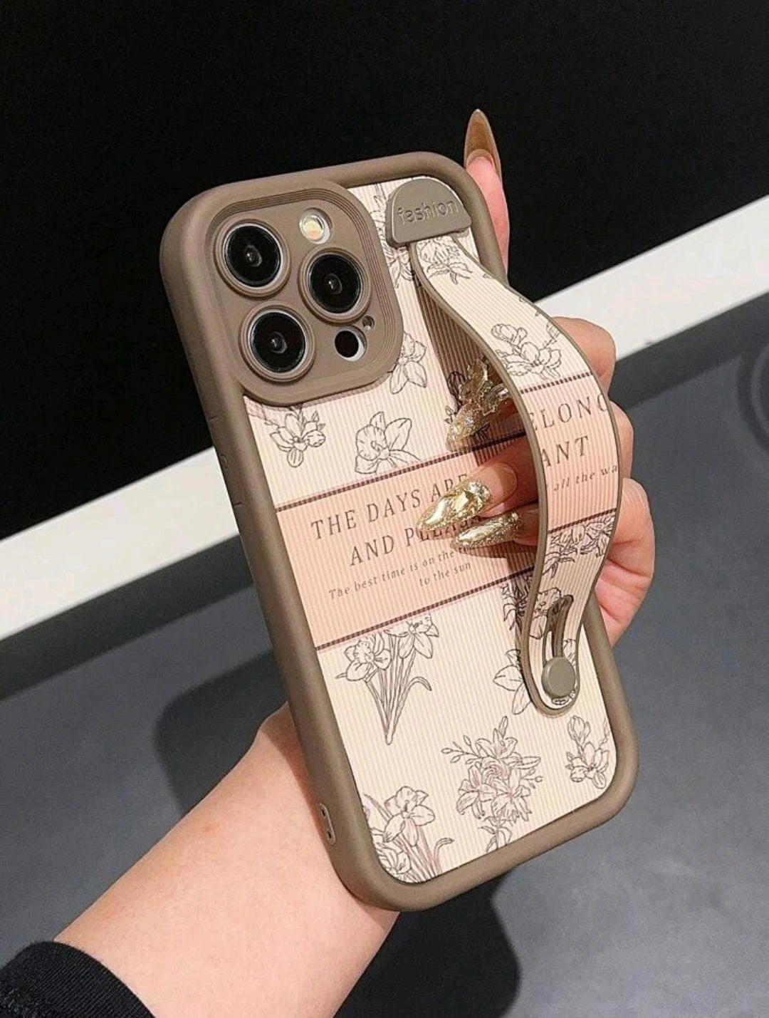 Floral Pattern Phone Case – Beige & Brown – With Hand Strap – Elegant & Protecti