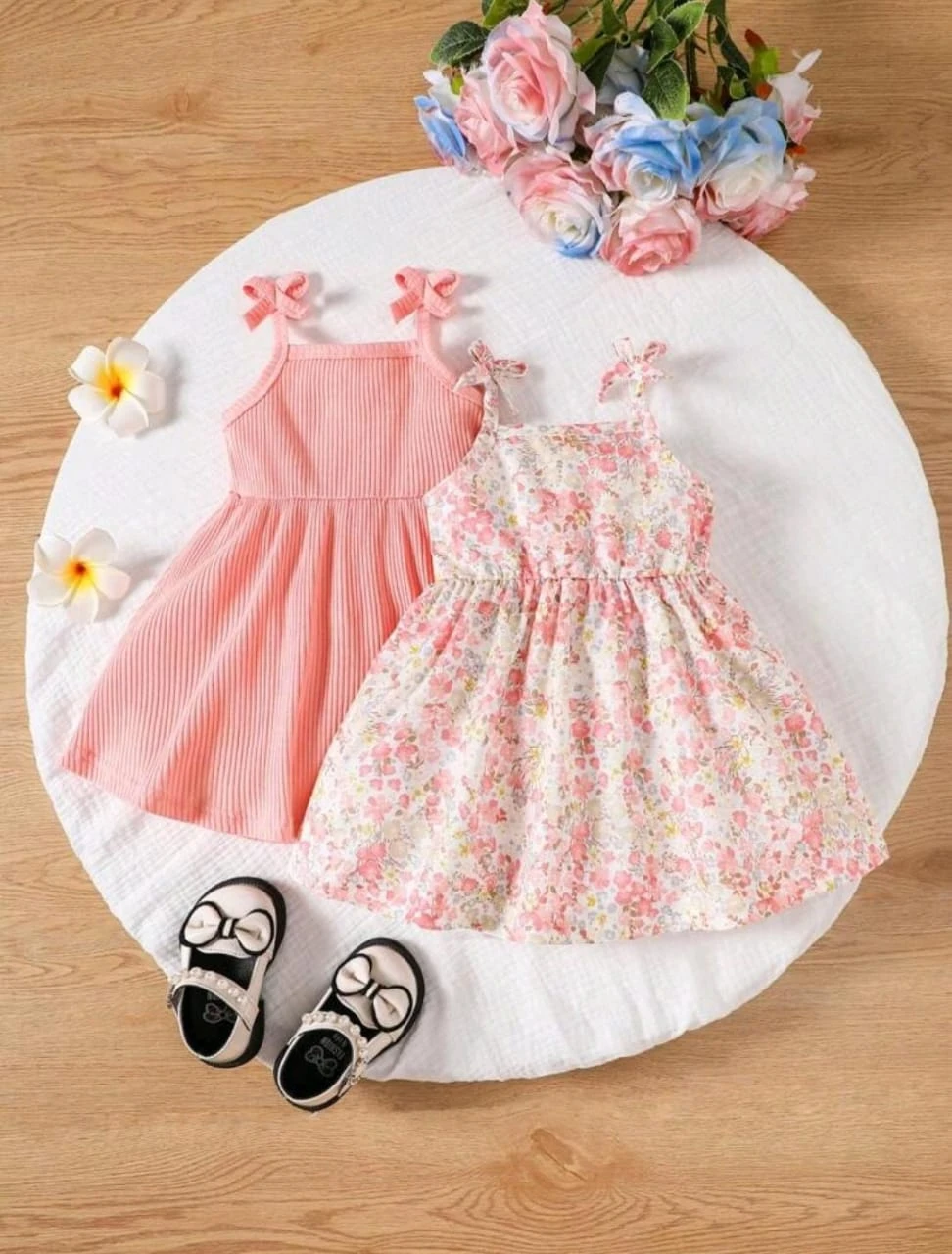 2-Piece Toddler Girl Dress Set – Solid Pink Dress + Floral Print Dress – Summer 