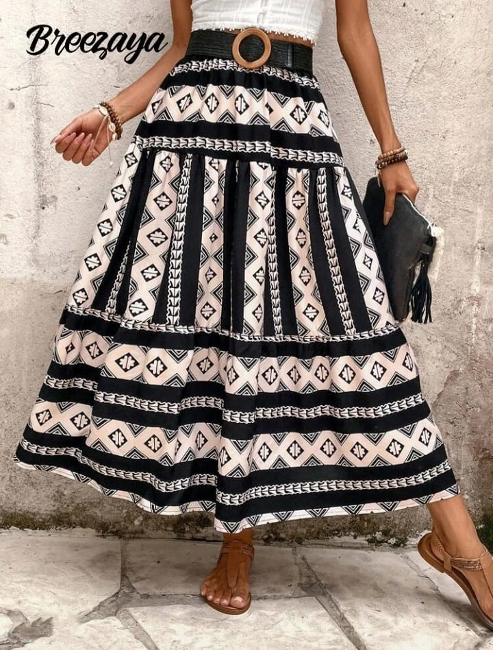 Boho Maxi Skirt – Tiered Design with Geometric Print and High Waist Belt – Light