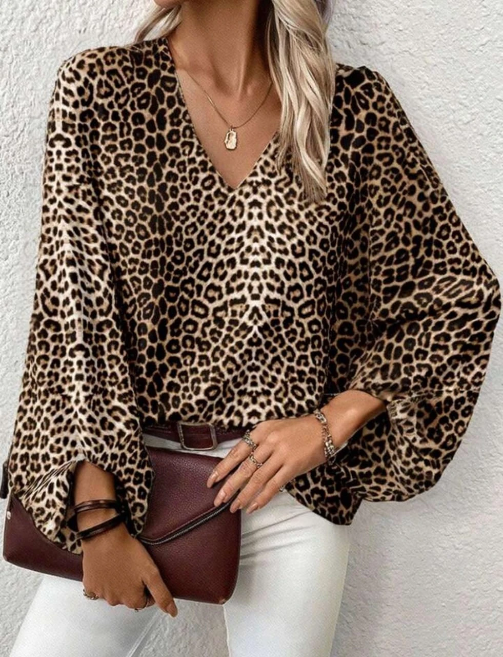 Women’s Leopard Print Blouse – V-Neck Loose Fit with Long Flowing Sleeves