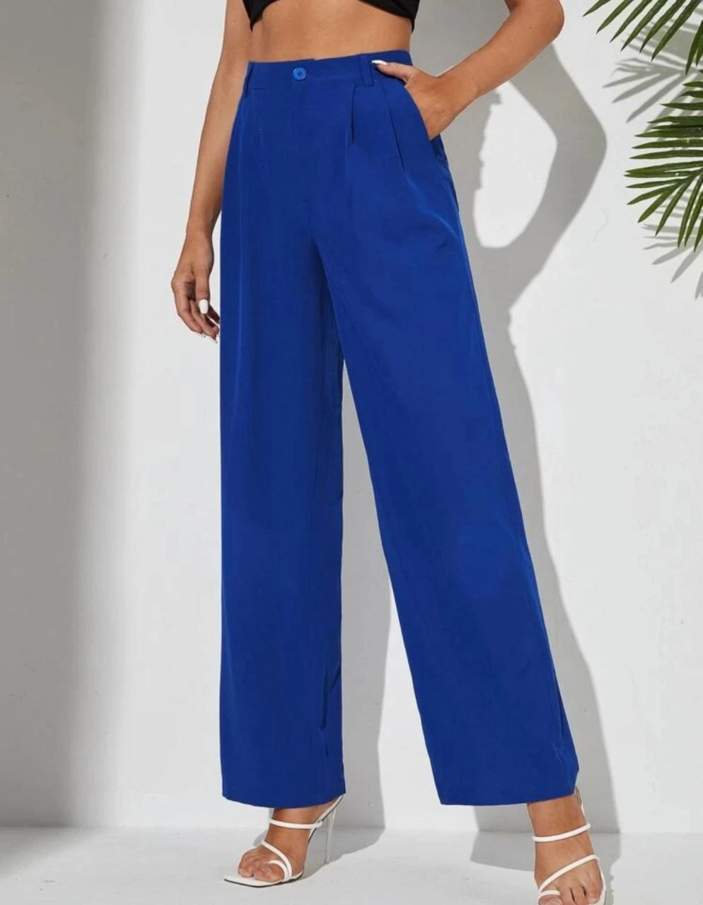 Women's Royal Blue Wide-Leg Trousers – High Waist – Lightweight Fabric – Chic Ca