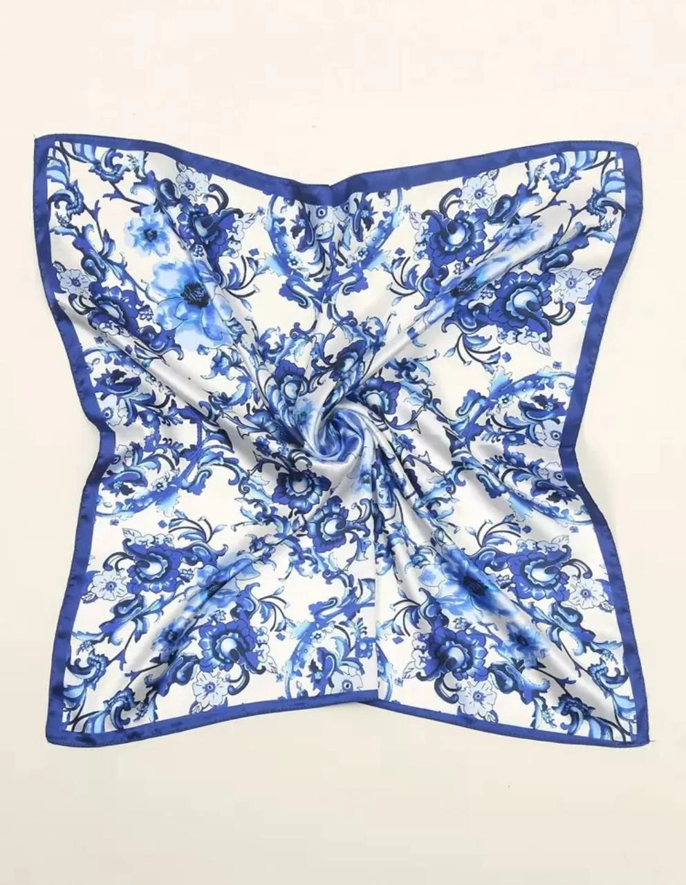 Square Satin Scarf – Blue Floral Print on White – Soft & Elegant Finish