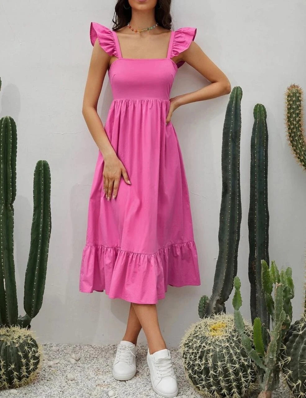 Women's Casual Summer Dress – Hot Pink – Ruffled Shoulder – Midi Length – Lightw