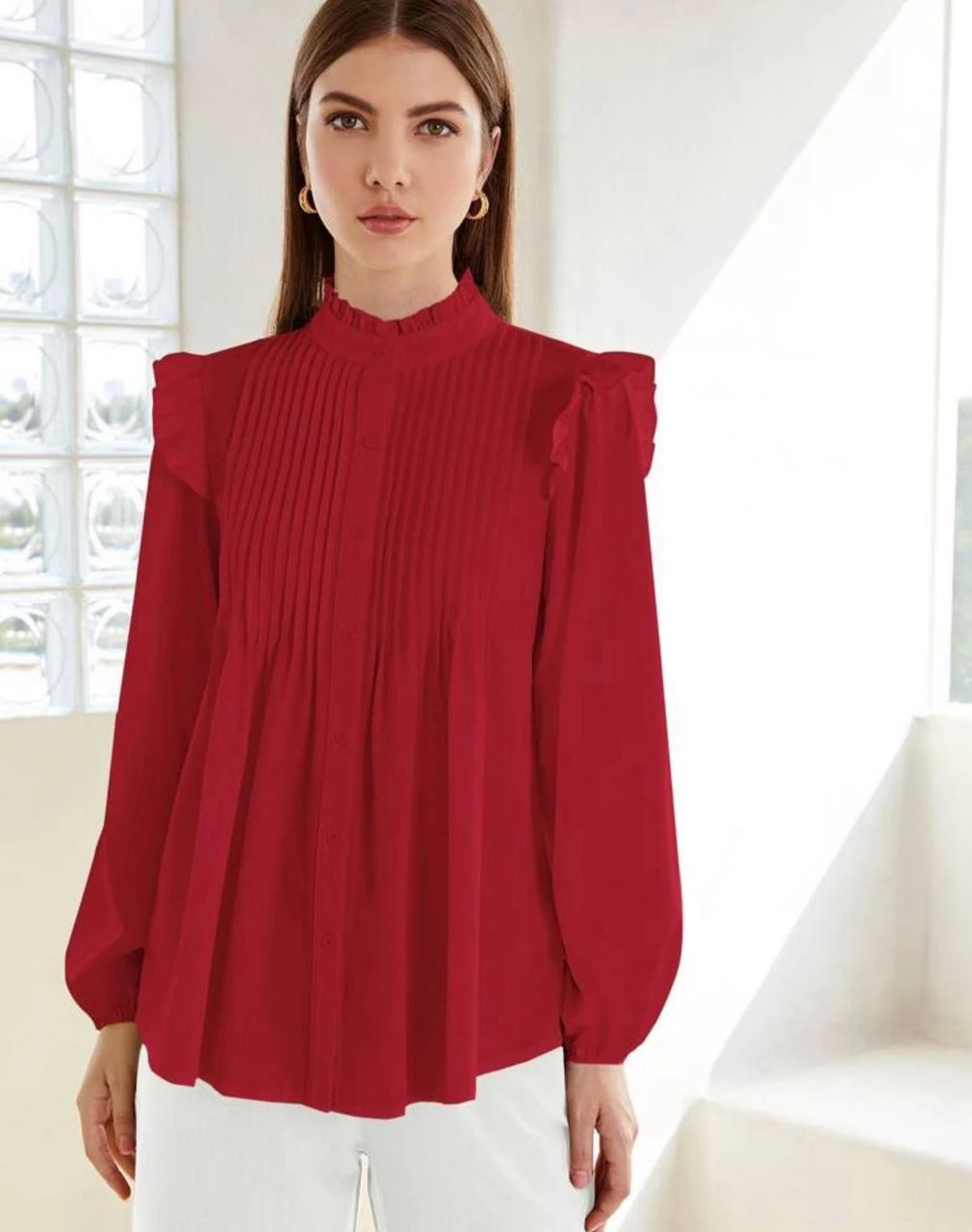 Women’s Elegant Pleated Red Blouse – High Ruffled Neck – Long Sleeves – Formal C