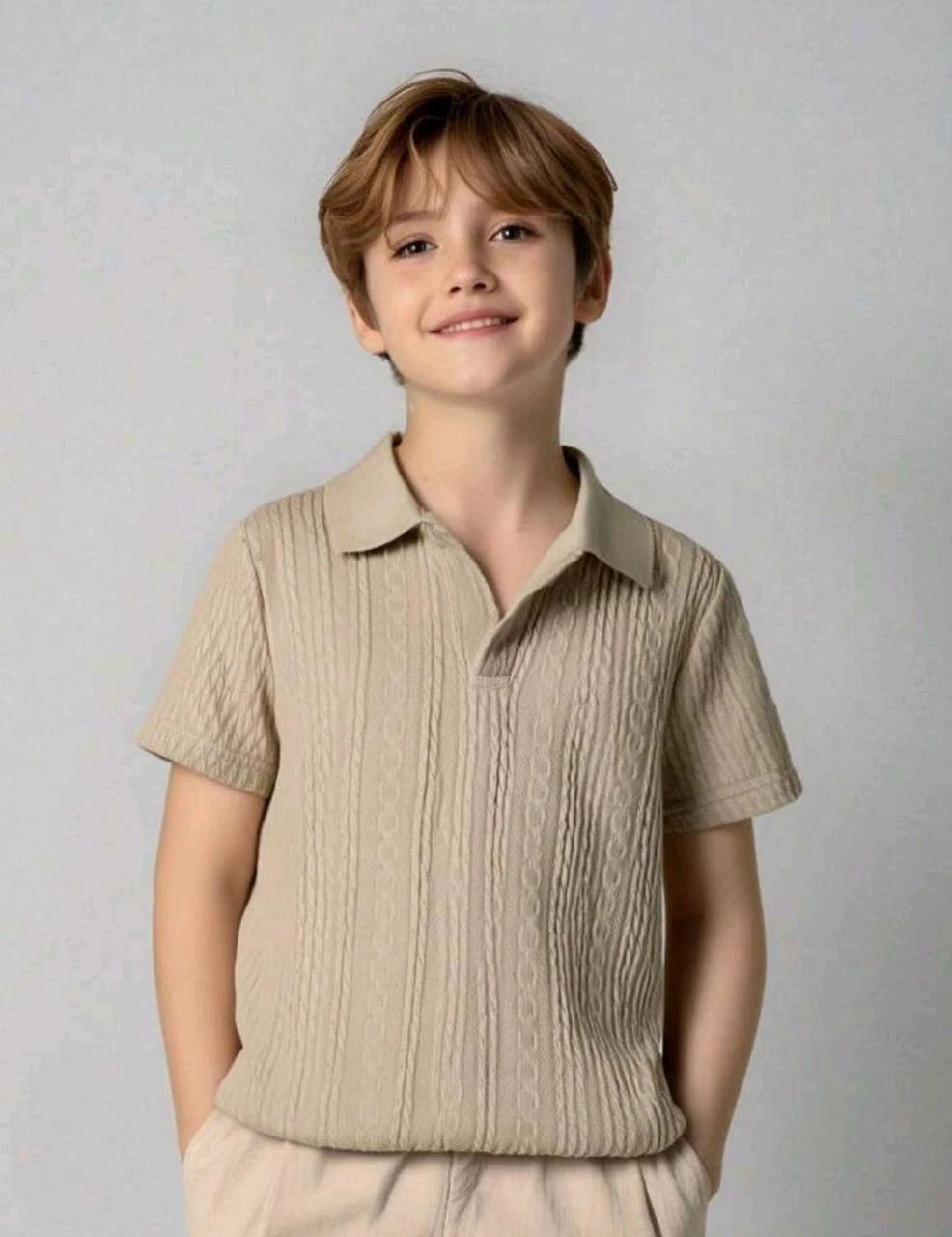 Boys' Beige Ribbed Polo T-Shirt – Soft & Comfortable Fabric