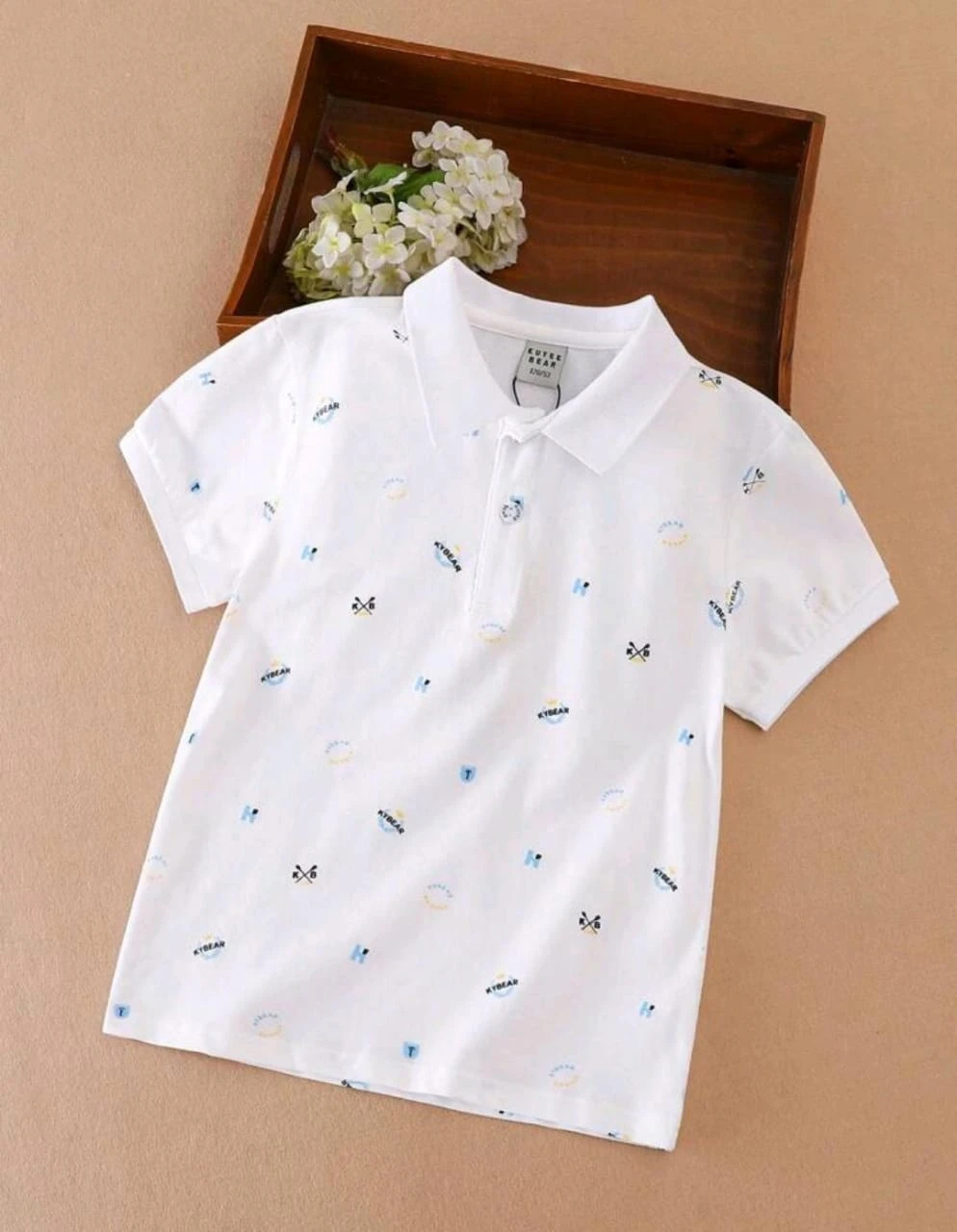 Boys' White Cotton Polo T-Shirt – Colorful Mini Prints