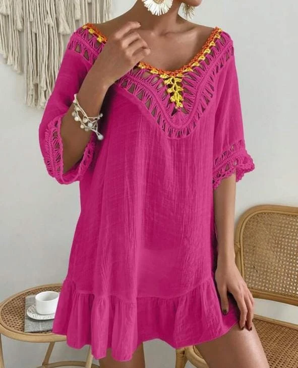 Beach Cover-Up Tunic – Fuchsia Crinkled Fabric with Crochet Neckline