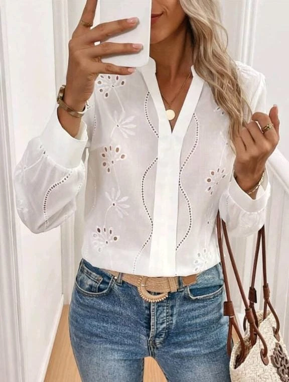 White Long Sleeve Embroidered Eyelet Blouse – Casual Chic Design