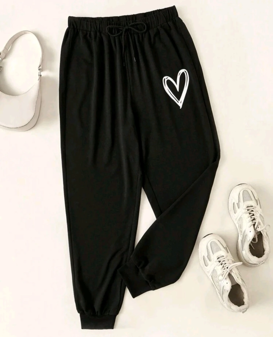 Women's Jogger Pants – Black with Heart Print – Casual & Lightweight – For Home