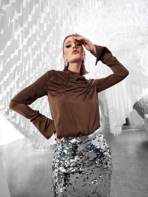 Ruched Satin Blouse with Flare Sleeves & Sequin Skirt