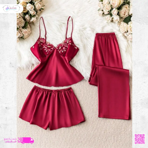 Women's Satin Pajama Set in Burgundy – Short-Sleeve Top with Shorts and Pants