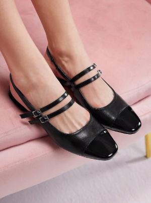 Black Patent Leather Flat Shoes – Double Strap Design