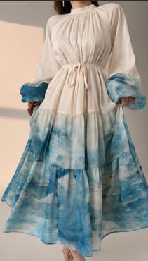 Women's Ombre Blue Maxi Dress – Long Sleeve Tiered Waist Tie Modest Elegant Dress