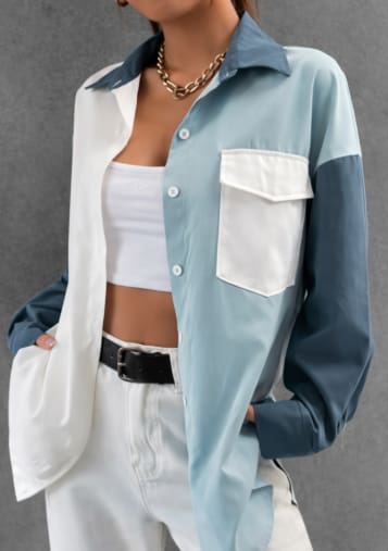 Color Block Button Front Shirt – Blue & White Long Sleeve Casual Oversized Women’s Blouse