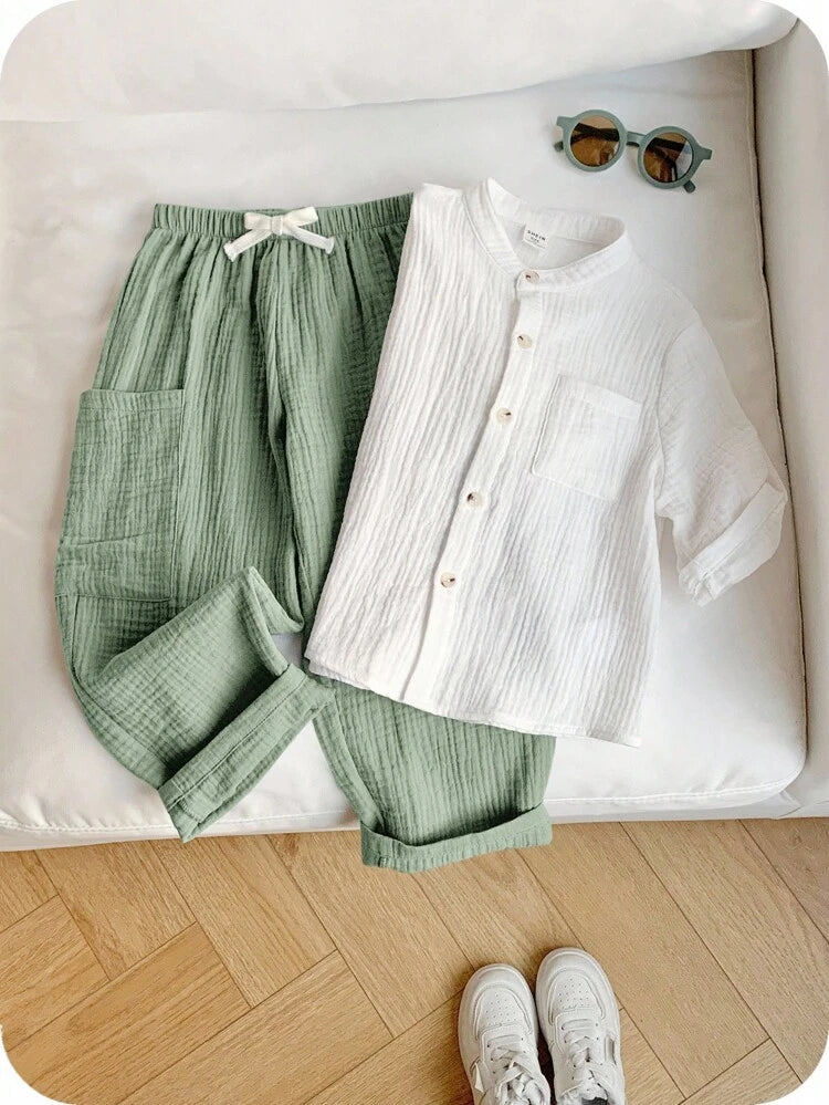 Boys White Cotton Gauze Shirt & Sage Green Pants Set – Casual Summer 2 Piece Outfit – Soft Breathable Kids Matching Set