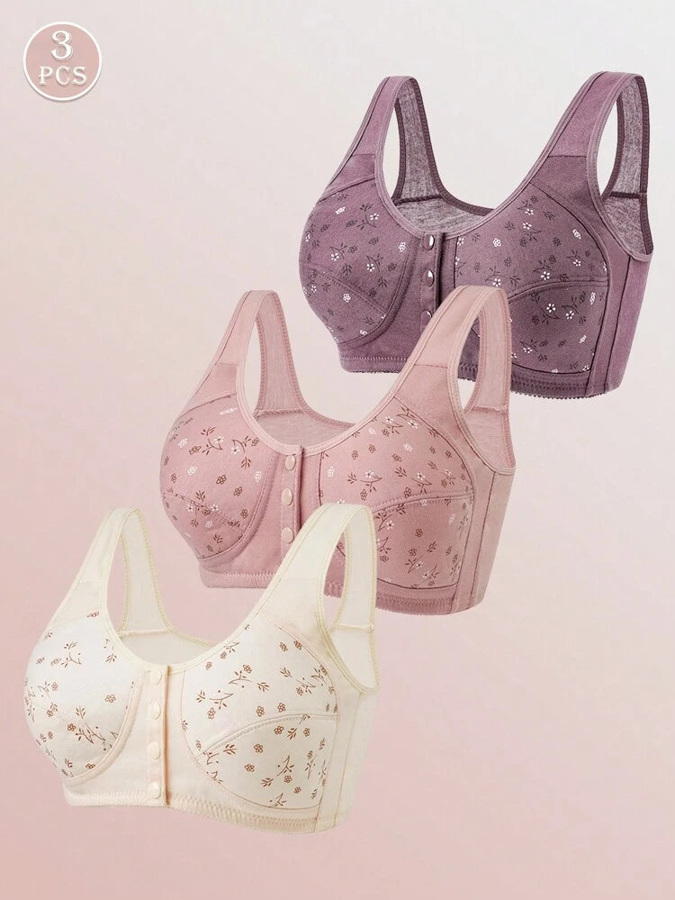 3-Pack Front Closure Cotton Comfort Bras for Women – Wireless Full Coverage Bra Set – Floral Print Shein Style Everyday Lingerie