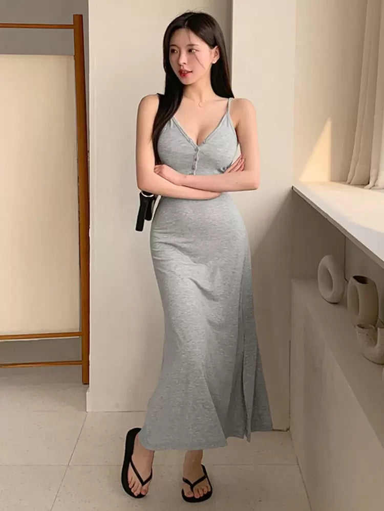 Grey V-Neck Button Front Cami Maxi Dress – Soft Viscose Slim Fit Lounge Dress for Women