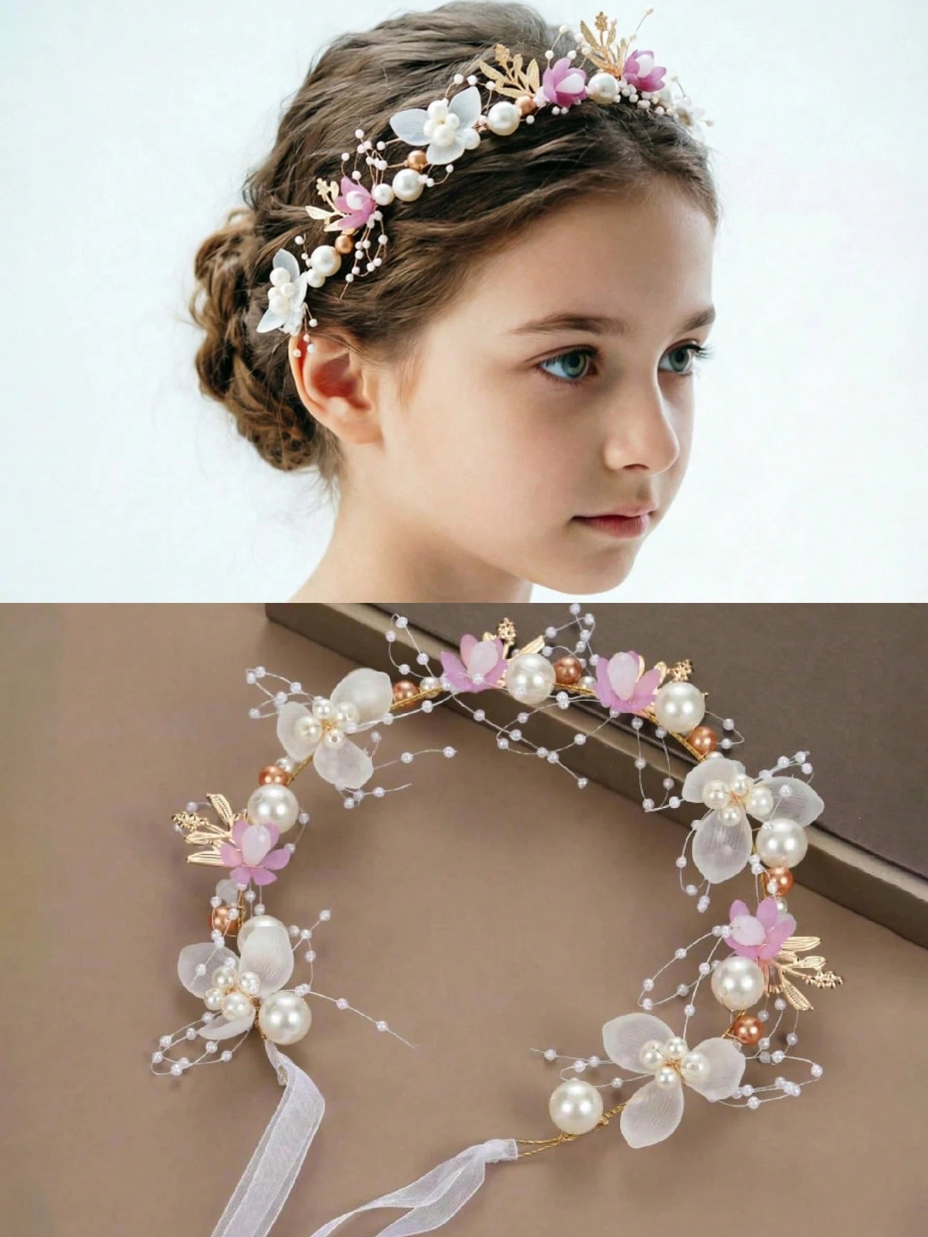 Girls’ Floral Pearl Hair Vine – White & Pink Flower Headband – Elegant Ribbon Hair Accessory for Parties