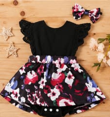 Baby Girls Black Lace Sleeve Floral Romper Dress with Matching Headband