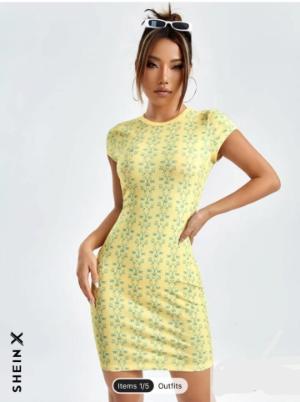 Yellow Bodycon Mini Dress with Small Floral Print & Short Sleeves