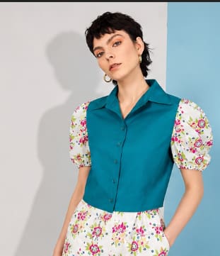 Women’s Teal Button-Up Crop Blouse – Floral Puff Sleeves – Chic Casual Top