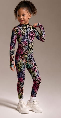 Girls Colorful Leopard Print Sports Set – Long Sleeve Zip Top & Leggings Activewear