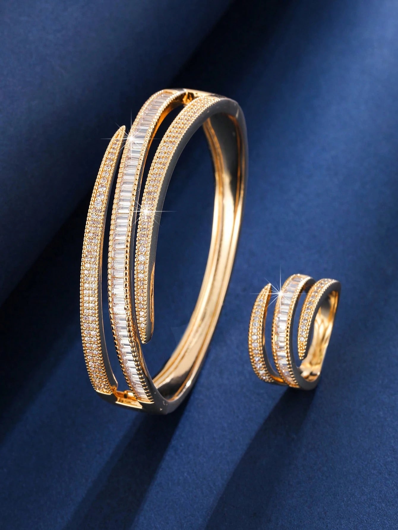 Luxury Gold Crystal Bracelet & Ring Set – Elegant Zircon Jewelry Set for Women