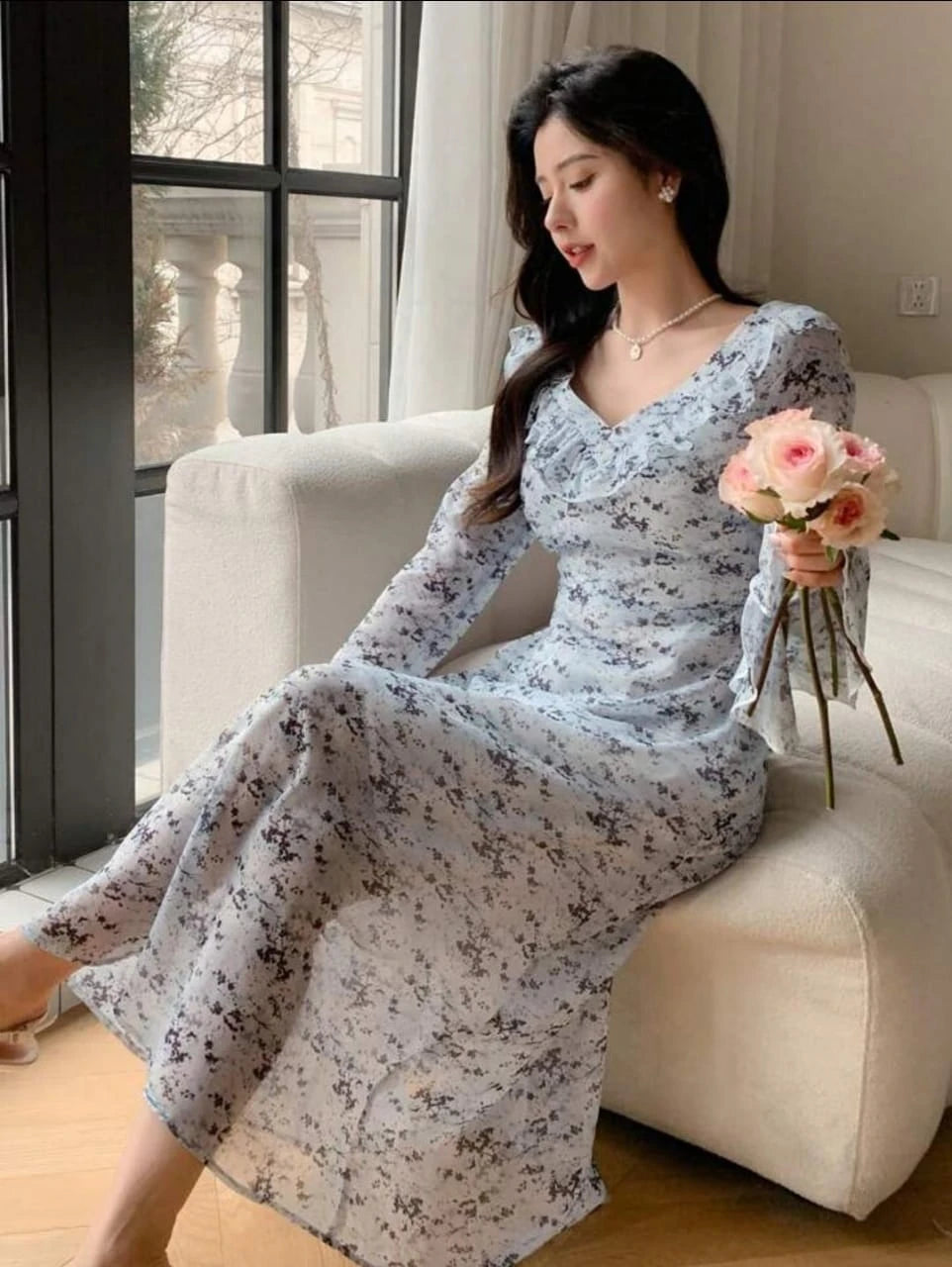 White Lace Midi Dress – Soft All-Over Pattern – Long Flared Sleeves