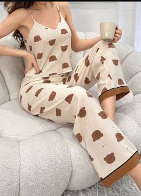 Women Cream Bear Print Cami Pajama Pants Set